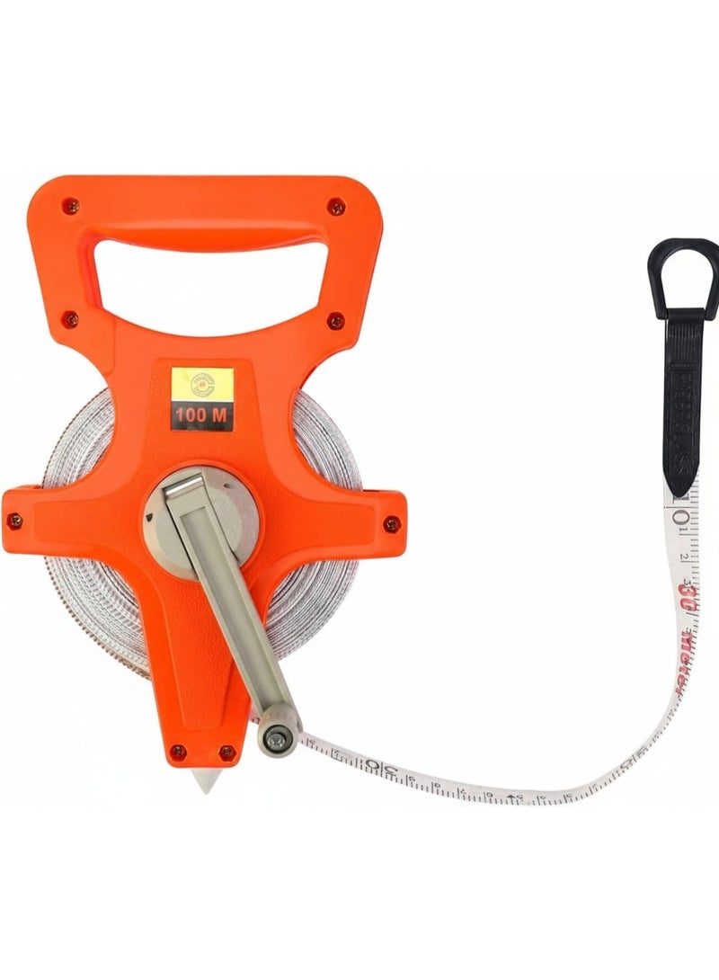 100-meter long metric measuring tape - durable plastic frame with comfortable hand grip and size lock - ideal for surveying, construction, and sports fields. - Image 1